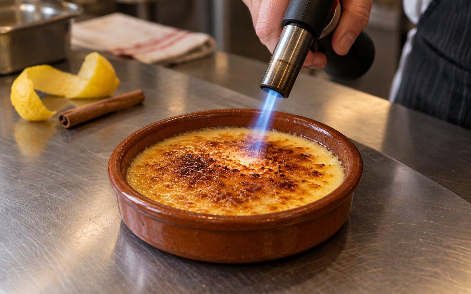 Cook caramelizing crema catalana in a terracotta dish with a small torch