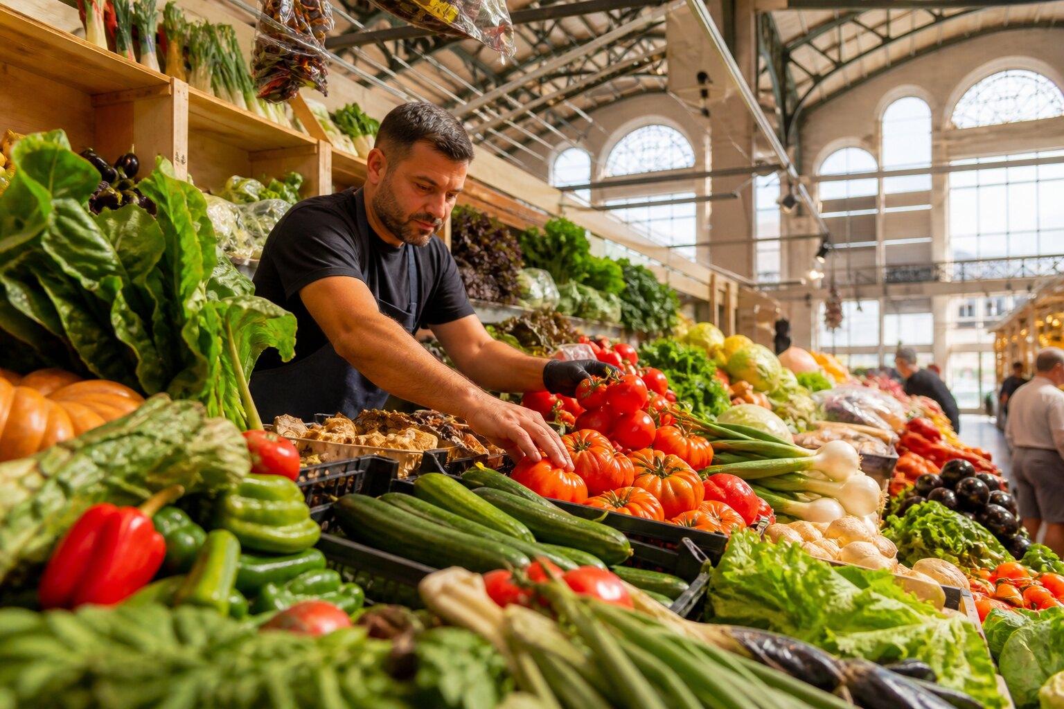 Vendor arranging local produce inside Girona Mercat del Lleó