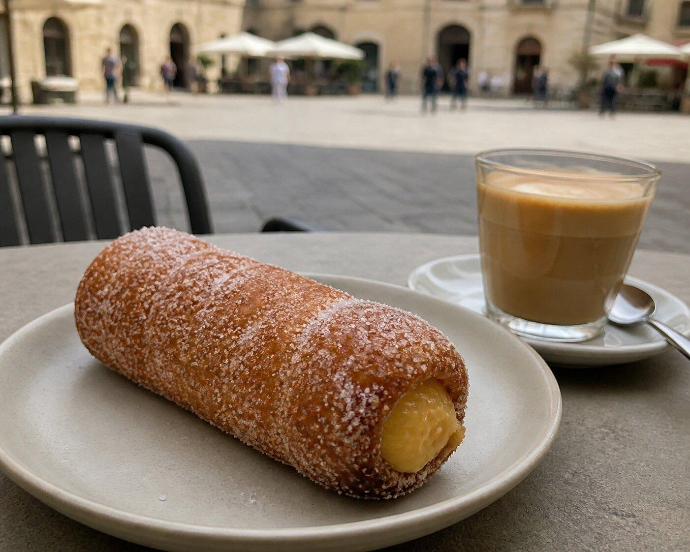 Coffee and a custard-filled xuixo on a café table