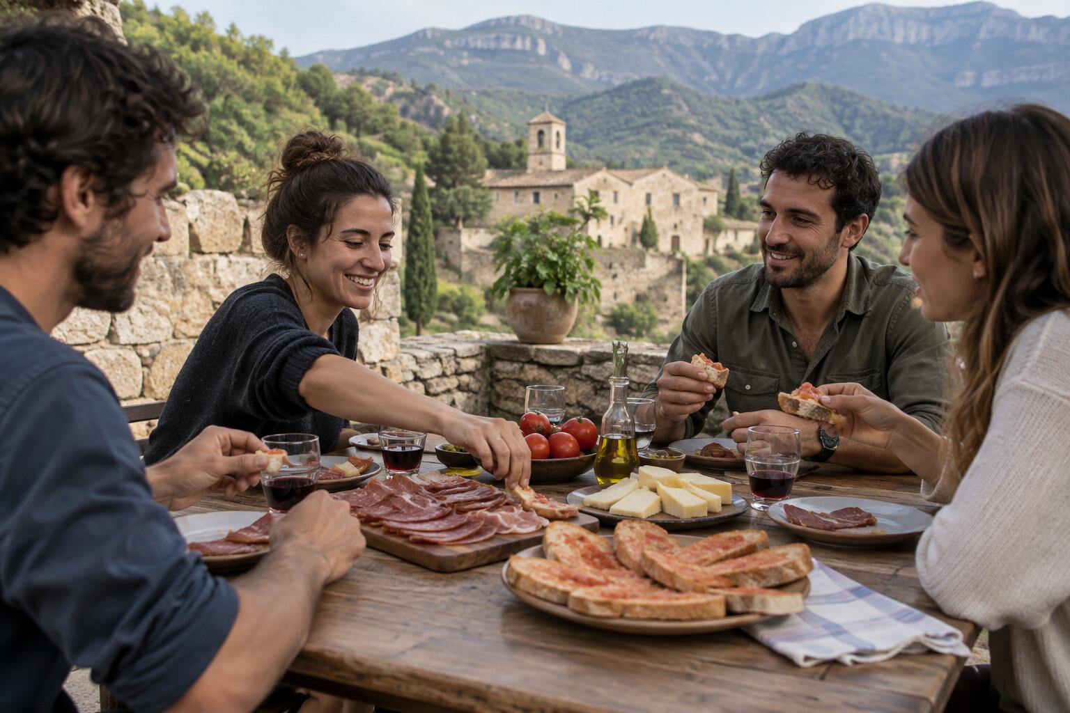 Shared Catalan table with tomato bread cheese and cured meats