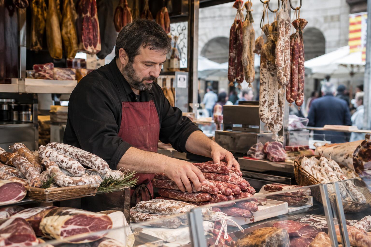 Butcher arranging fresh Catalan sausages in a market counter