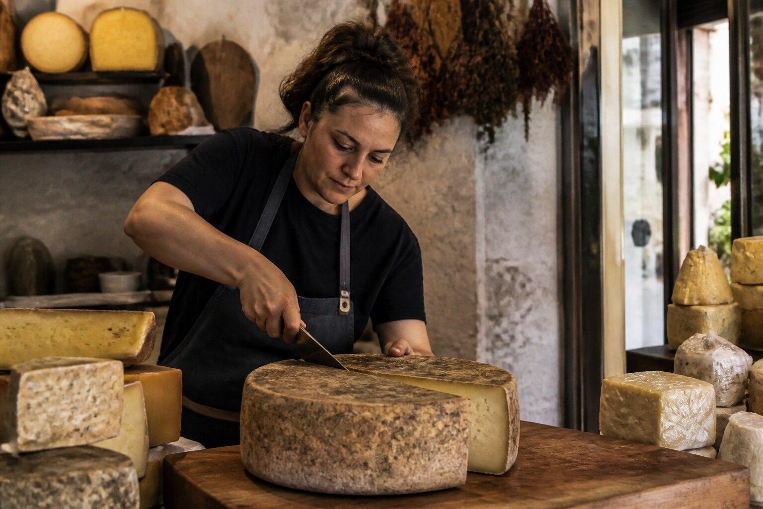 Cheesemonger cutting a wedge from an artisan wheel