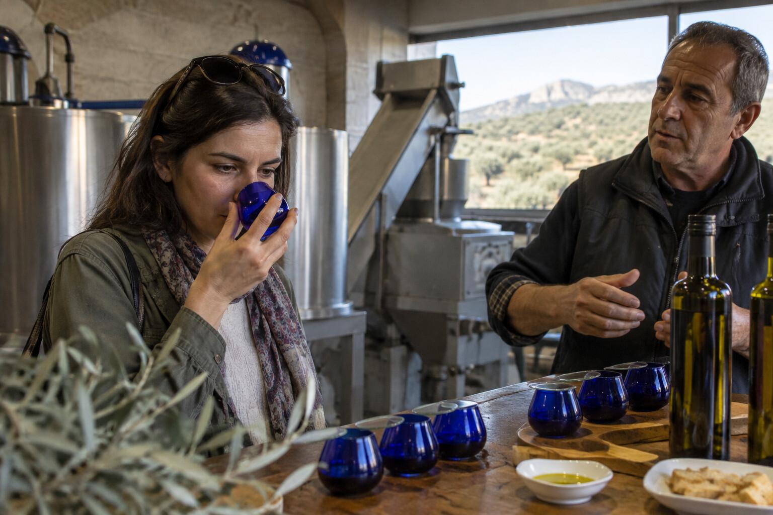 Visitor tasting olive oil from small blue glasses at a mill