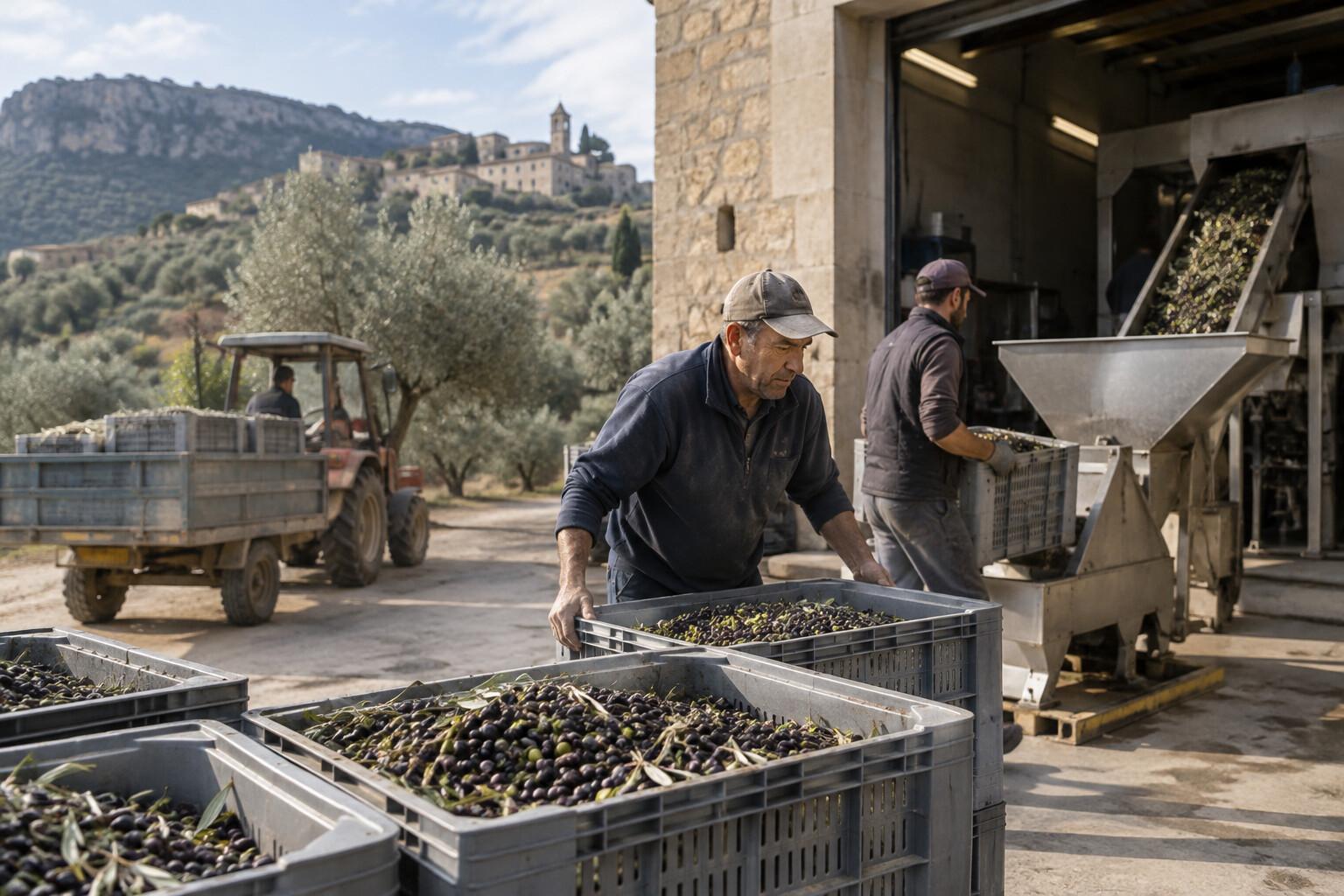 Harvested olives arriving in crates at a rural cooperative