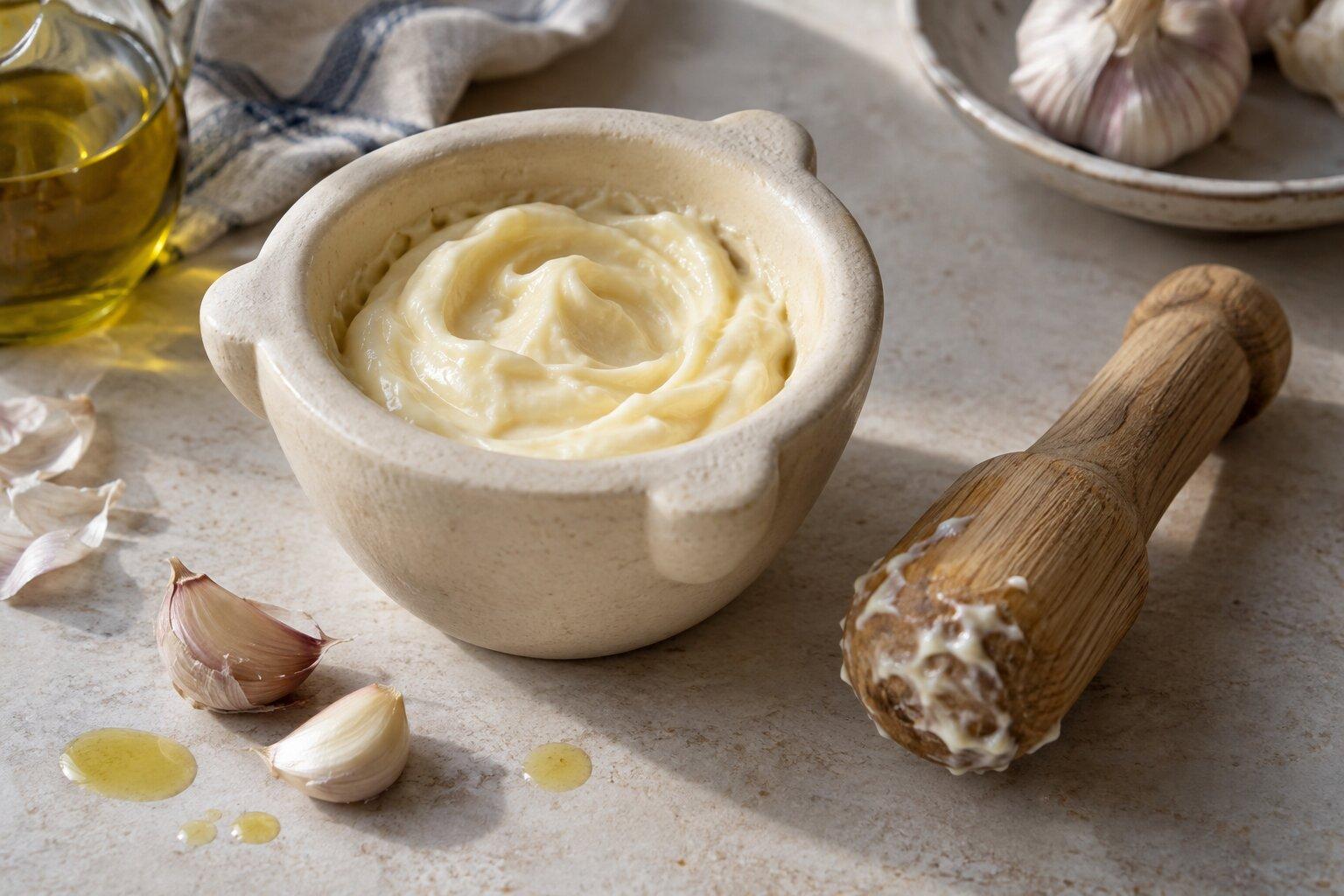 Illustration of allioli in a ceramic mortar beside a wooden pestle and garlic