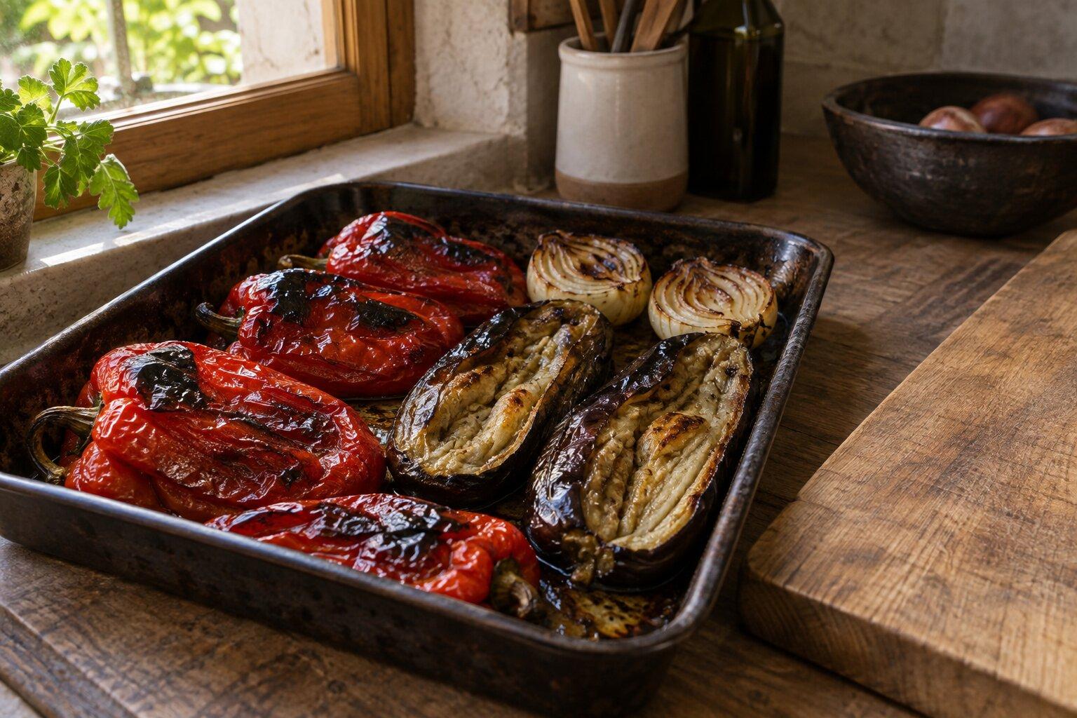 Illustration of roasted peppers, aubergines and onions before peeling for escalivada